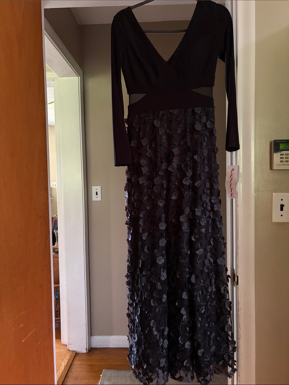 Xscape Black Long Sleeve V-Neck Floral Appliqué Maxi Dress